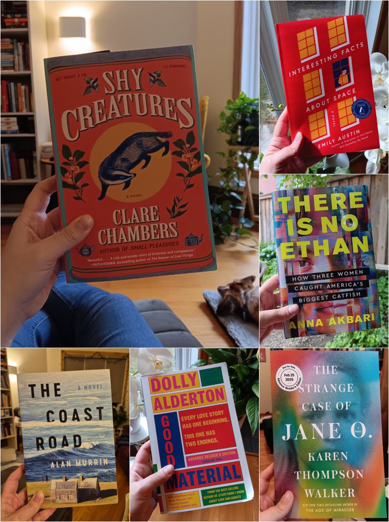 A collage of six book covers: Shy Creatures by Clare Chambers, Interesting Facts About Space by Emily Austin, There Is No Ethan by Anna Akbari, The Strange Case of Jane O. by Karen Thompson Walker, Good Material by Dolly Alderton, The Coast Road by Alan Murrin